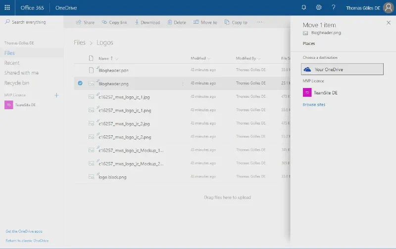 Kopieren und Verschieben von Dateien in Office365