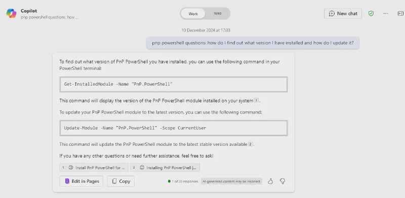 Copilot help - Update PnP Powershell