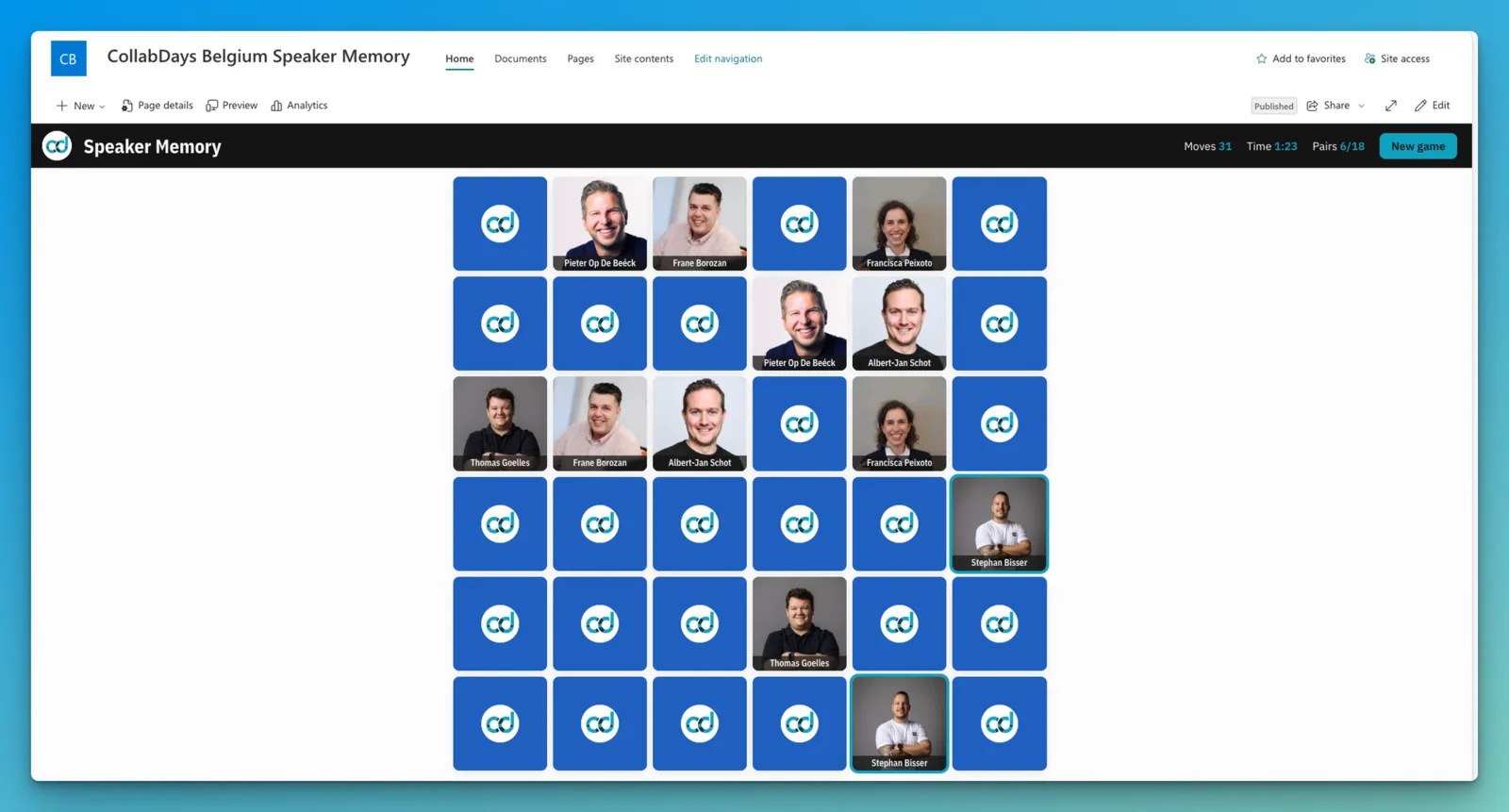 Screenshot of the SharePoint site &ldquo;CollabDays Belgium Speaker Memory&rdquo; with a blue SPFx web part called Speaker Memory. A grid of cards, some turned over to show CollabDays speakers with their names, the rest showing the CollabDays logo. The header shows 31 moves, 1:23 minutes and 6 of 18 pairs.
