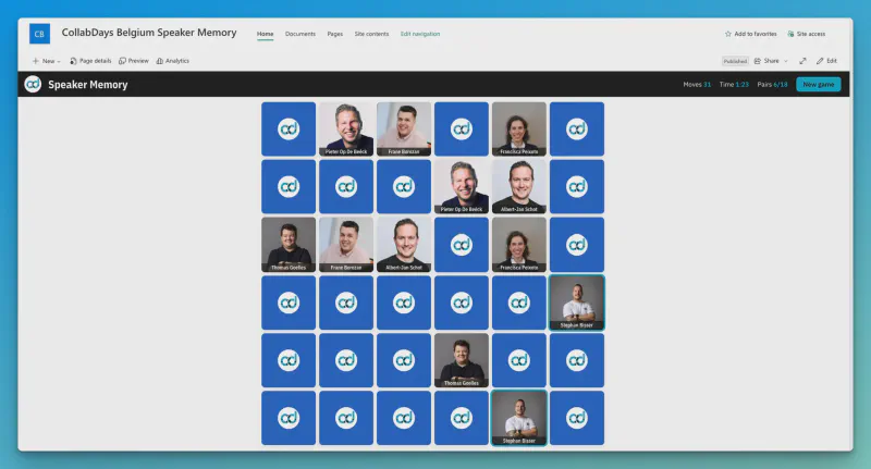 Screenshot der SharePoint-Seite „CollabDays Belgium Speaker Memory“ mit einem blauen SPFx-Webpart namens Speaker Memory. Ein Raster aus Karten, einige aufgedeckt mit CollabDays-Speakern und ihren Namen, der Rest mit dem CollabDays-Logo. Oben stehen 31 Züge, 1:23 Minuten und 6 von 18 Paaren.